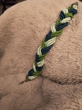 Braided Seed Bead Bracelet in Blue, Green and White
